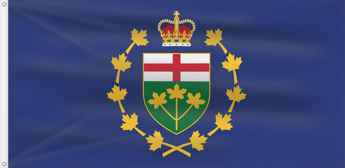 Drapeau, avec deux œillets métalliques et guindant renforcé : Lieutenant-Governor of Ontario	Lieutenant-gouverneur de Ontario	Teniente Gobernador de Ontario	Lieutenantgouverneur von Ontario	Luogotenente Governatore dell'Ontario