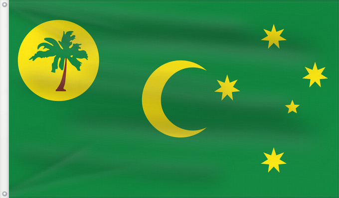Bandera, con dos ojales metálicos y lado del asta reforzado: Cocos Keeling Islands Cocos (Keeling) Islands îles Cocos, utilisation non-officielle. Ratio 1 2 Islas Cocos Kokosinseln Isole Cocos La Kokosinsuloj, uzo ne oficiala