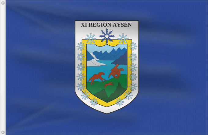 Flagge, mit zwei Metallösen und verstärktem Besatzband: Aysen, Chile blue version Aysen Region, Chile versión azul Région de Aysén, Chili (version bleue) XI Región de Aisén del General Carlos Ibáñez del Campo Region Aysén, Chile (blaue Version) Regione di Aysén, Cile (versione blu)