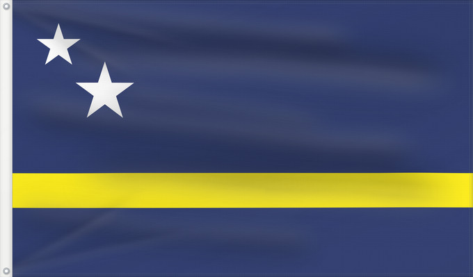 Drapeau, avec deux œillets métalliques et guindant renforcé : Curaçao	Curazao	Curacao	Curaçao is a blue field with a horizontal yellow stripe slightly below the midline and two white