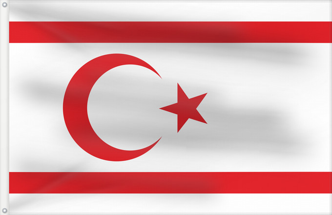 Bandera, con dos ojales metálicos y lado del asta reforzado: Turkish Republic of Northern Cyprus	Chypre du Nord	República Turca del Norte de Chipre	Türkischen Republik Nordzypern	Repubblica Turca di Cipro Nord	Turkse Republiek Noord-Cyprus	República Turca de Chipre do Norte	Cypru Północnego	علم قبرص الشمالية	Национ