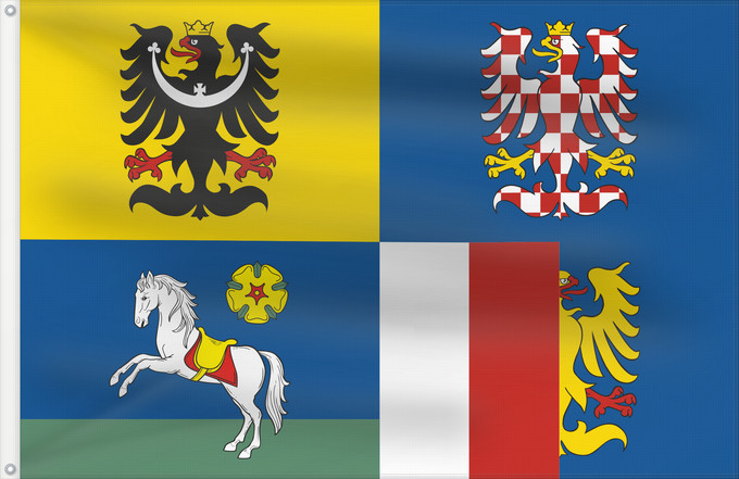 Bandera, con dos ojales metálicos y lado del asta reforzado: Moravian-Silesian Region Région de Moravie-Silésie Región de Moravia-Silesia Moravian-Silesian Moravskoslezského kraje čtvrcený list v horním žerďovém žlutém poli slezská orlice v dolním žerďovém modrém poli na zeleném trávníku