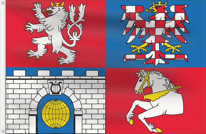 Bandera, con dos ojales metálicos y lado del asta reforzado: Pardubice Region Région de Pardubice Región de Pardubice Region Pardubice Pardubice Regione