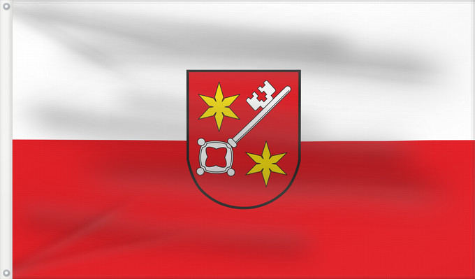 Bandera, con dos ojales metálicos y lado del asta reforzado: Schlüsselfeld, St (Steigerwald)