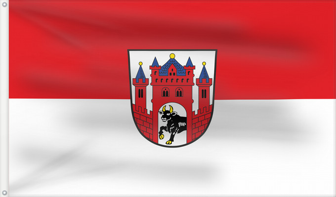 Bandera, con dos ojales metálicos y lado del asta reforzado: Ochsenfurt, St (Fränkisches Weinland)