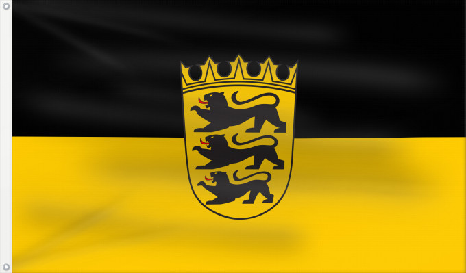 Bandera, con dos ojales metálicos y lado del asta reforzado: Baden-Württemberg  state, lesser arms	State flag with lesser arms of Baden-Württemberg	Bade-Wurtemberg	Baden-Wurtemberg[	Landesdienstflagge Baden-Württembergs mit kleinem Landeswappen	Baden-Württemberg
