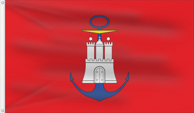 Flag, with two metal eyelets and reinforced hoist: Admiralty flag of Hamburg	Admiralty flag of Hamburg; for State Shipping Buildings	Admiralitätsflagge Hamburgs;  wird auf Staatsgebäuden gesetzt