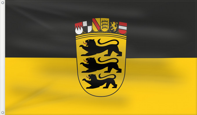 Flag, with two metal eyelets and reinforced hoist: Baden-Württemberg state, greater arms Baden-Württemberg (state, greater arms) Bade-Wurtemberg (État, grand blason) Baden-Wurtemberg (estado, escudo grande) Baden-Württemberg (Land, großes Wappen) Baden-Württemberg (stato, stemma grande)