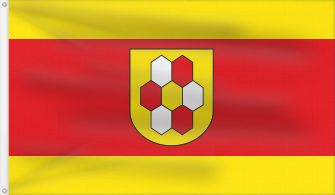 Flag, with two metal eyelets and reinforced hoist: Bergkamen City of Bergkamen Ville de Bergkamen Stadt Bergkamen Gelb/Rot/Gelb im Verhältnis 1 3 1 längs gestreift gemeint ist quergestreift mit dem Stadtwappen in der Mitte