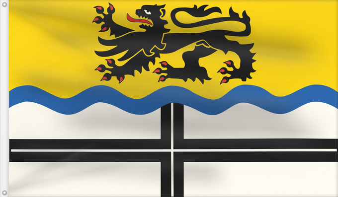 Flag, with two metal eyelets and reinforced hoist: Dormagen Banner und Hissflagge zeigt in der oberen Hälfte auf gelbem Tuch den rotbewehrten und -bezungten schwarzen Löwen und durch einen blauen Wellenbalken geteilt in der unteren Hälfte auf weißem Tuch das schwarze Kreuz