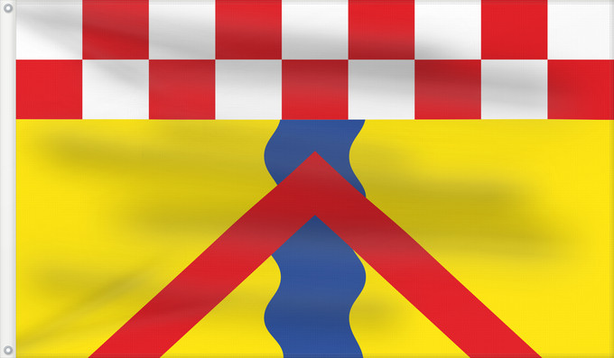 Flag, with two metal eyelets and reinforced hoist: Ennepetal	Beschreibung der Flagge  Die Hißflagge zeigt im Flaggenhaupt einen neunteiligen zweizeiligen Schachbalken in der Farbfolge Weiß/Rot; darunter ein gelbes