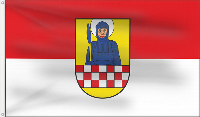 Flag, with two metal eyelets and reinforced hoist: Froendenberg	Fröndenberg	Beschreibung der Flagge  Rot-Weiß mit dem Stadtwappen
