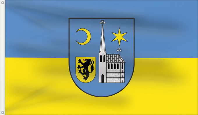Bandera, con dos ojales metálicos y lado del asta reforzado: Jüchen	Der Gemeinde ist mit Urkunde des Regierungspräsidenten in Düsseldorf vom 21. Juli 1978 das Recht zur Führung einer Flagge verliehen worden