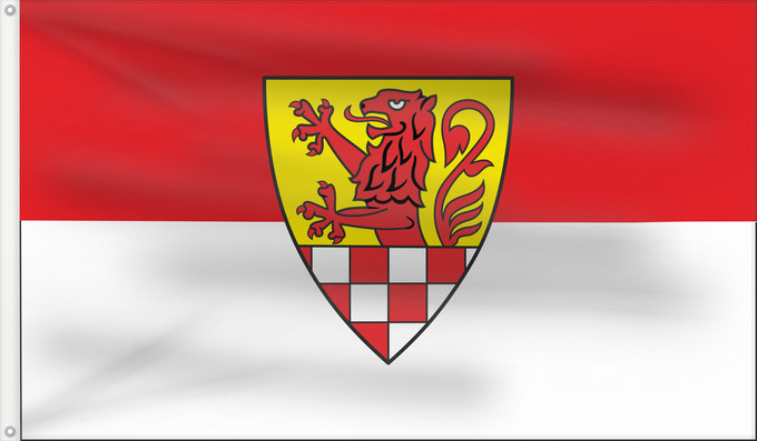 Flag, with two metal eyelets and reinforced hoist: Kreis Unna Unna District District de Unna Distrito de Unna Beschreibung der Flagge Der Kreis führt eine Flagge mit den Grundfarben rot-weiß und dem Kreiswappen Distretto di Unna