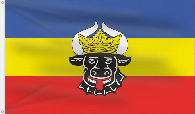 Flag, with two metal eyelets and reinforced hoist: Mecklenburg 1992 proposal Mecklenburg (1992 proposal, service flag) Mecklenburg (proposition de 1992, pavillon de service) Mecklenburg (propuesta de 1992, pabellón de servicio) Mecklenburg (1992 Entwurf, Dienstflagge) Mecklenburg (proposta 1992, bandiera