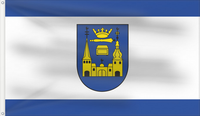 Flag, with two metal eyelets and reinforced hoist: Mettmann City of Mettmann Ville de Mettmann Stadt MettmannBeschreibung des Wappens In Blau zwei durch einen Torbau mit goldenem gelbem Tor verbundene goldene gelbe Kirchen