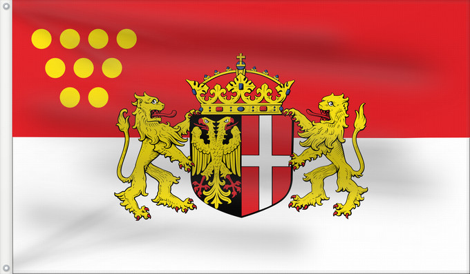 Bandera, con dos ojales metálicos y lado del asta reforzado: Neuss	Das Wappen der Stadt Neuss zeigt auf einem von Schwarz und Rot gespaltenen Schild im schwarzen  linken  Feld einen rot bewehrten