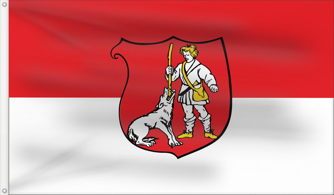 Flag, with two metal eyelets and reinforced hoist: Wuelfrath	City of Wülfrath	Ville de Wülfrath	Wülfrath	Stadt WülfrathBeschreibung des Wappens  In Rot ein silbern  weiß  gekleideter Hirte mit goldenem  gelbem  Haar