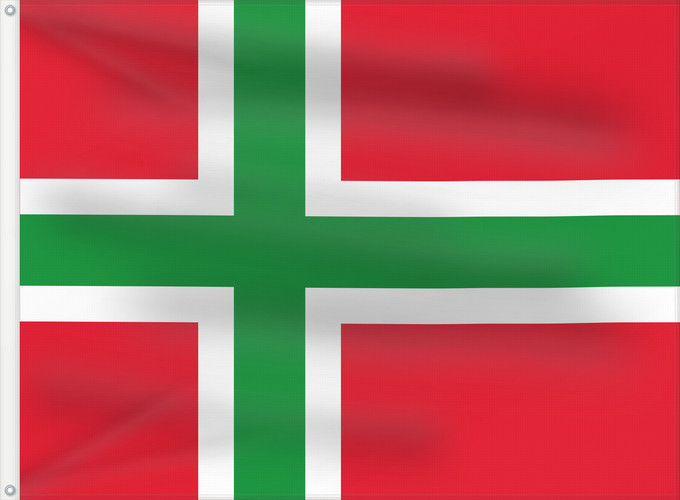 Bandiera, con due occhielli metallici e lato dell'asta rinforzato: Denmark Bornholmsflaget Unofficial flag of Bornholm Denmark Bornholm (non officiel) Bornholm (no oficial) Bornholm (inoffiziell) Bornholm (non ufficiale)