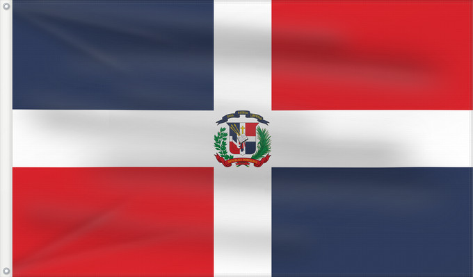 Drapeau, avec deux œillets métalliques et guindant renforcé : Dominican Republic	Dominican Republic has a centered white cross that extends to the edges	République dominicaine	Republica Dominicana	Dominikanischen Republik hat ein zentriertes weißes Kreuz	Repubblica Dominicana	Dominicaanse Republiek	Nacional da Repúb