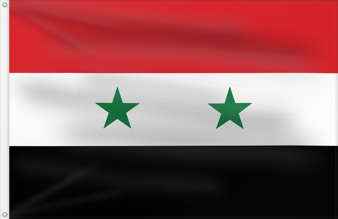 Flag, with two metal eyelets and reinforced hoist: United Arab Republic United Arab Republic 1958–1961. This was readopted as the flag of Syria in 1980 República Árabe Unida 1958-1961 علم الجمهورية العربية المتحدة ١٣٧٧-١٣٨٠ República Árabe Xunida 1958-1961 República Àrab Unida 1958-1961