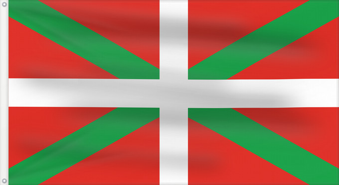 Bandera, con dos ojales metálicos y lado del asta reforzado: Basque Country Autonomous region of the Basque Country A white cross over a green saltire on a red field Basque Country Ikurriña Bandera de la Comunidad autónoma del País Vasco Autonomen Region Baskenland Ein weißes Kreuz über grünem Andreaskreuz auf rote