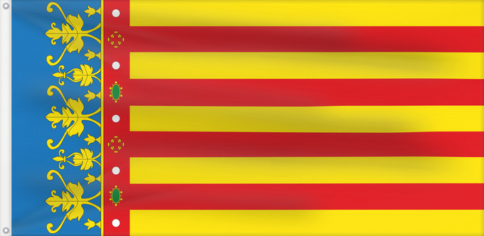 Bandera, con dos ojales metálicos y lado del asta reforzado: Land of Valencia  official	Land of Valencia, 1 2 ratio	Valencia Community	Comunidad Valenciana, proporciones 1 2	Valencian Community	Comunità Valenciana	D o Comunidat Balenziana	Comunidá Valenciana	Comunitat Valenciana, proporcions 1 2	Valentziako Erkideg
