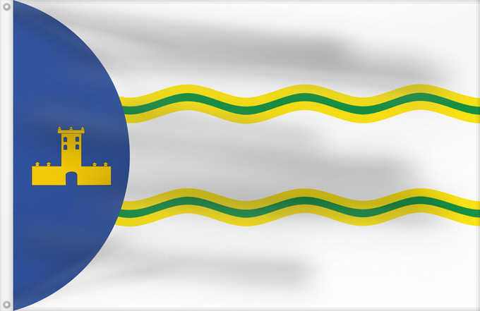 Bandera, con dos ojales metálicos y lado del asta reforzado: Abejuela	Abejuela  Teruel
