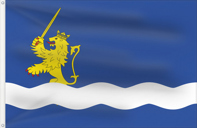 Flag, with two metal eyelets and reinforced hoist: Agón Municipal de Agón Zaragoza Paño azul de proporción 2/3, en cuyo tercio inferior hay una faja ondulada blanca de la que emerge