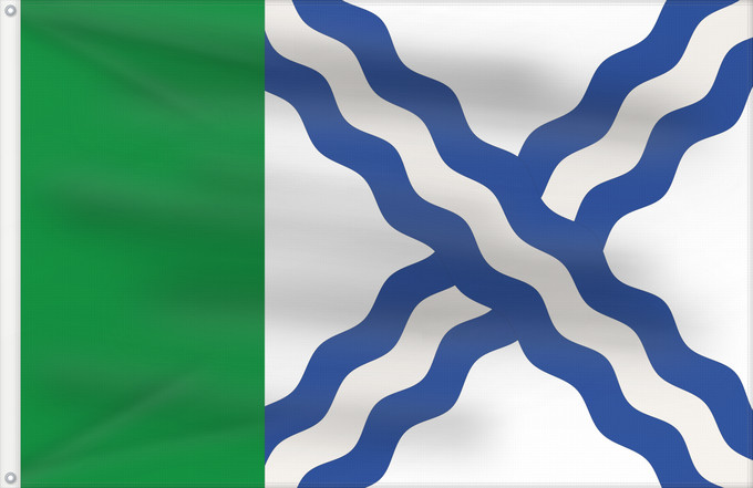 Bandera, con dos ojales metálicos y lado del asta reforzado: Albalatillo	Albalatillo De proporciones 2/3, siendo el tercio del asta de color verde y el resto blanco con un aspa ondada de tres