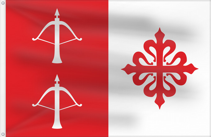 Bandera, con dos ojales metálicos y lado del asta reforzado: Ballesteros de Calatrava Spain Ballesteros de Calatrava Rectangular de proporciones 2/3, formada por dos franjas verticales iguales