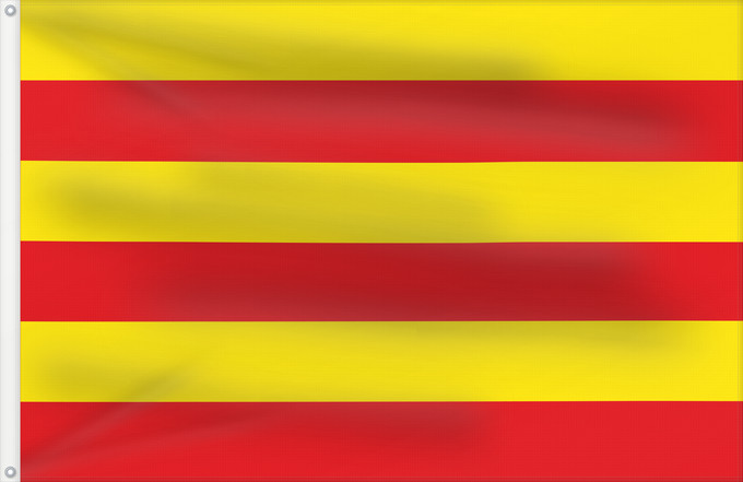 Bandera, con dos ojales metálicos y lado del asta reforzado: Comtat d Empúries	Old county of Empúries  Catalonia	Comté d'Empúries	Condado de Ampurias	Grafschaft Empúries	Contea di Ampurias	L antic comtat d Empúries  Catalunya