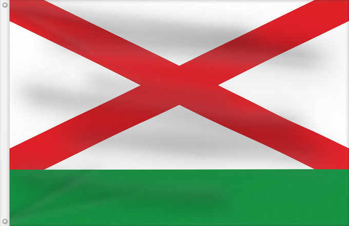 Bandera, con dos ojales metálicos y lado del asta reforzado: Fresno de Sayago Spain	Fresno de Sayago, in Zamora province, Spain	Fresno de Sayago	Rectangular de proporciones 2 3, formada por dos franjas horizontales en proporciones 3/4 y 1/4, siendo blanca con aspa roja completa la superior y verde la inferior