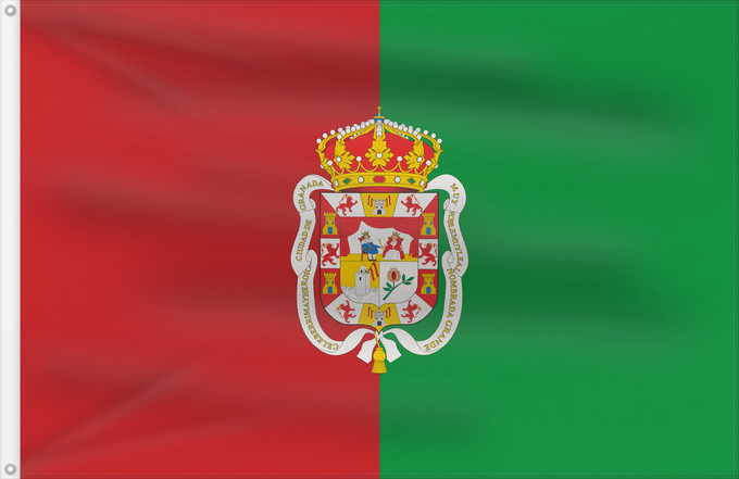 Bandera, con dos ojales metálicos y lado del asta reforzado: Granada2	City of Granada  Spain	La ville de Grenade est formé de deux bandes verticales d égale largeur  la première	Ciudad de Granada  España  Bandera es de color carmesí y verde	Granada