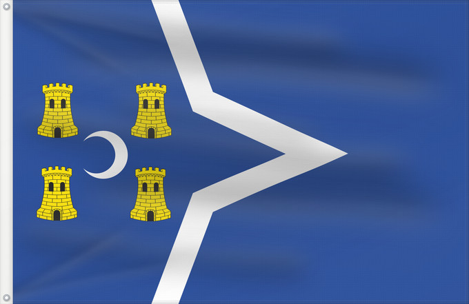 Bandiera, con due occhielli metallici e lato dell'asta rinforzato: Puebla de Híjar La Puebla de Híjar Municipal de La Puebla de Híjar Teruel Paño azul