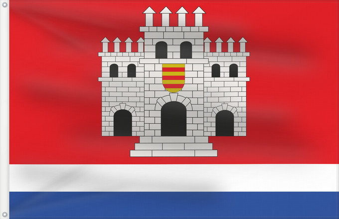 Bandera, con dos ojales metálicos y lado del asta reforzado: Montemayor	Montemayor, Spain	Montemayor  España  Paño de proporciones 2/3  ancho por largo  con tres franjas horizontales de color rojo