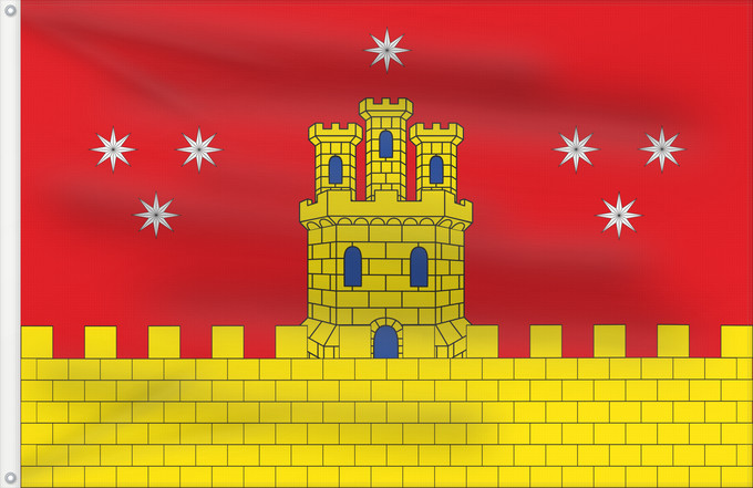 Bandiera, con due occhielli metallici e lato dell'asta rinforzato: Pedroche	Pedroche, Spain	Escudo de Pedroche  España  Rectangular de proporciones 2 3, formada por un paño de color rojo