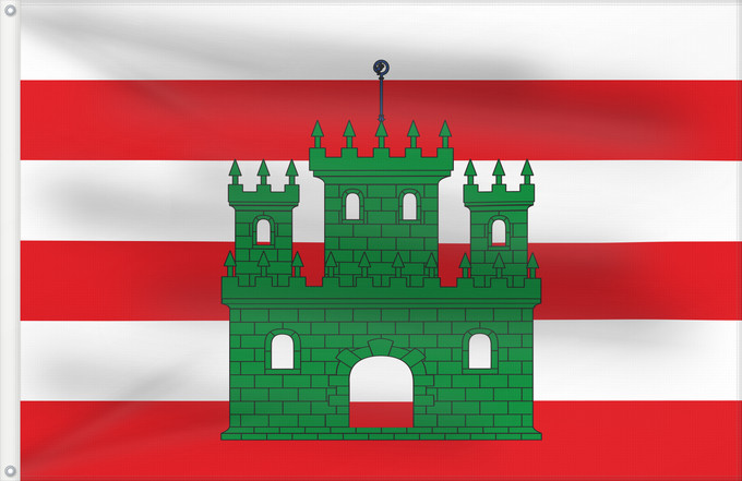 Flag, with two metal eyelets and reinforced hoist: Porqueres	It is easy to put a border around this flag image	Apaisada	Apaïsada de proporcions dos d alt per tres de llarg