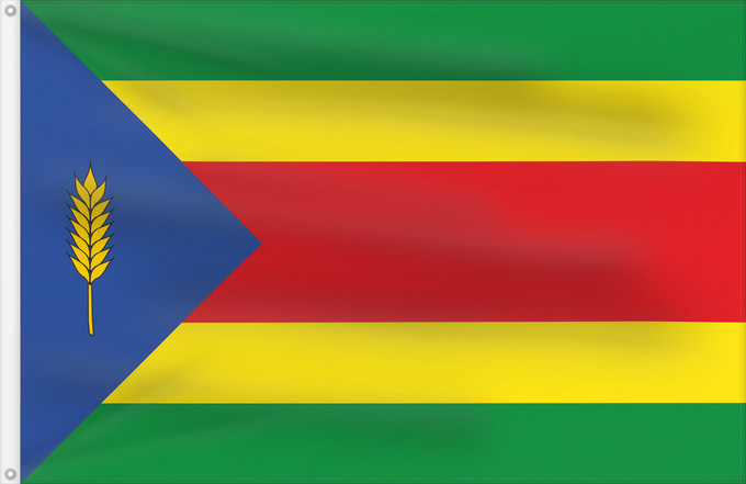 Bandera, con dos ojales metálicos y lado del asta reforzado: Sangarrén	Sangarrén-Huesca Paño de proporción 2/3, formado por cinco franjas horizontales