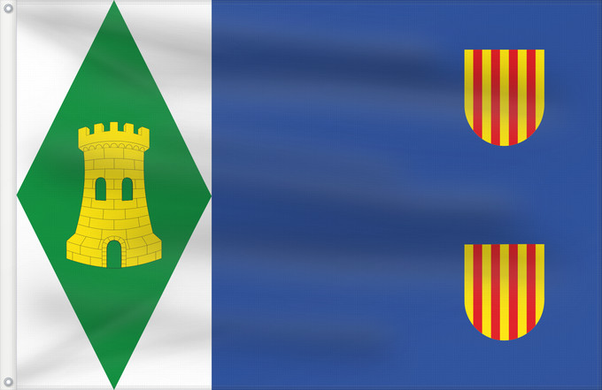 Bandera, con dos ojales metálicos y lado del asta reforzado: Torrijo del Campo Torrijo del Campo Paño azul de proporciones 2 3, con dos escudetes del Señal Real de Aragón