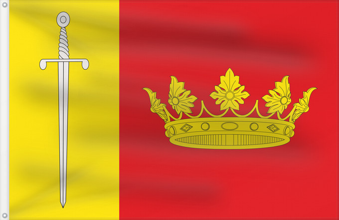 Bandera, con dos ojales metálicos y lado del asta reforzado: Villanuño de Valdavia Municipal, de dimensiones 2 3, tercia al asta
