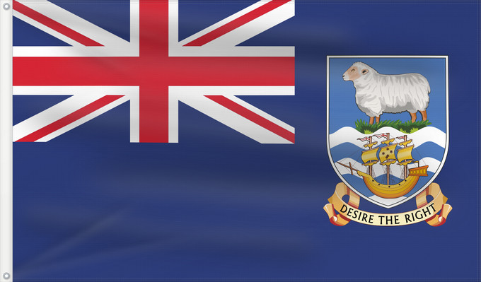 Bandera, con dos ojales metálicos y lado del asta reforzado: Falkland Islands	British flag of the Falkland Islands	Îles Malouines	Islas Malvinas	Falklandinseln	Isole Malvine	Ynysoedd y Falklands	Ynysow Falkland	Флаг Фолклендских островов