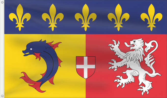 Flagge, mit zwei Metallösen und verstärktem Besatzband: Rhône-Alpes	Region Rhône-Alpes in France	Région Rhône-Alpes en France	Ródano-Alpes	Rodano-Alpi	Franse regio Rhône-Alpes