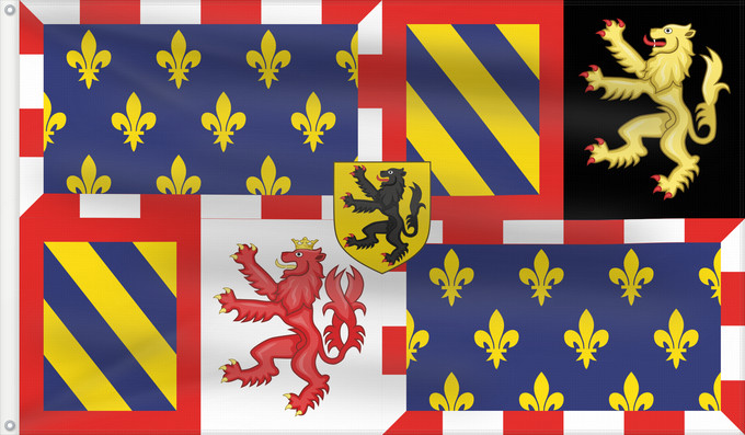 Flag, with two metal eyelets and reinforced hoist: Borgoña	Burgundy	Bourgogne	Burgund	Borgogna	Top left and bottom right New Burgundy—blue