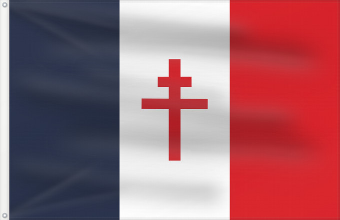 Flag, with two metal eyelets and reinforced hoist: Free France  1940-1944	Free France (1940-1944)	France Libre (1940-1944)	Francia Libre (1940-1944)	Freies Frankreich (1940-1944)	Francia Libera (1940-1944)	Used by the Free French Forces during the Second World War