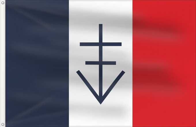 Flag, with two metal eyelets and reinforced hoist: Free Republic of Vercors Free Republic of Vercors June-July 1944 - the design depicted the French Republic tricolour featuring an emblem consisting of the cross of Lorraine surmonted by the letter V République Libre du Vercors - juin-juillet 1944 Répu