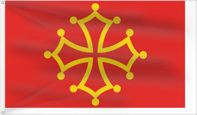 Bandiera, con due occhielli metallici e lato dell'asta rinforzato: Midi-Pyrénées	Region Midi-Pyrénées in France	Région Midi-Pyrénées en France