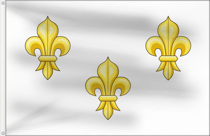 Flag, with two metal eyelets and reinforced hoist: Royalist France	The  White  Royal Banner of France or  Bourbon Flag  was used in New France	Drapeau Bourbon (France Royaliste)	Bandera Borbónica (Francia Realista)	Bourbonenflagge (Royalistisches Frankreich)	Bandiera Borbonica (Francia Realista)