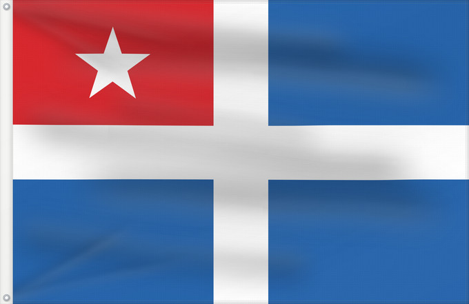 Bandera, con dos ojales metálicos y lado del asta reforzado: Cretan State	Cretan State  1898-1913, an autonomous state of the Ottoman Empire  - the design depicted the blue and white cross design of Greece and a red canton  upper left  with a white five-pointed star symbolizing the Ottoman suzerainty	État de Crète 
