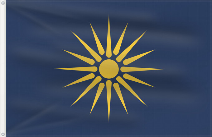 Bandera, con dos ojales metálicos y lado del asta reforzado: Greek Macedonia	Macédoine grecque	Macedonia Griega	Griechisch-Mazedonien	Macedonia Greca	Η σημαία της Μακεδονίας  Ελληνικό διαμέρισμα	Сонцето од Кутлеш на сина позадина	Флаг греческой Македонии
